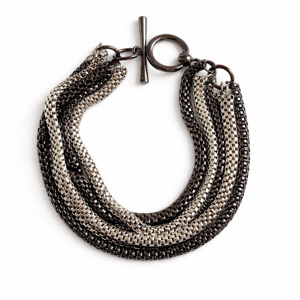 Multi-Row Two-Tone Metal Chain Bracelet - Silver & Gunmetal